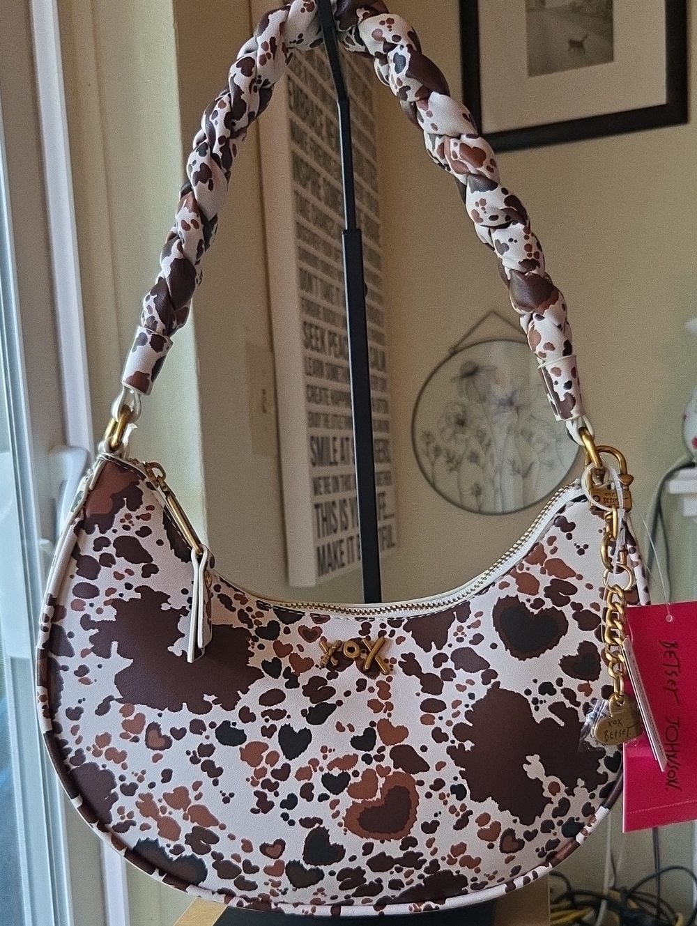 Betsey Johnson Vegan Leather Cow Print Braided Strap Shoulder Bag with Charm NWT